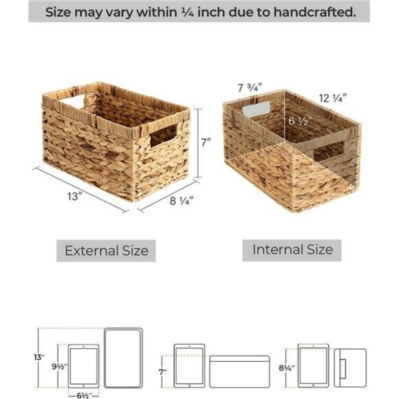 Water Hyacinth Wicker Storage Baskets Set of 2 Natural Organizer Bins - Picture 2 of 7